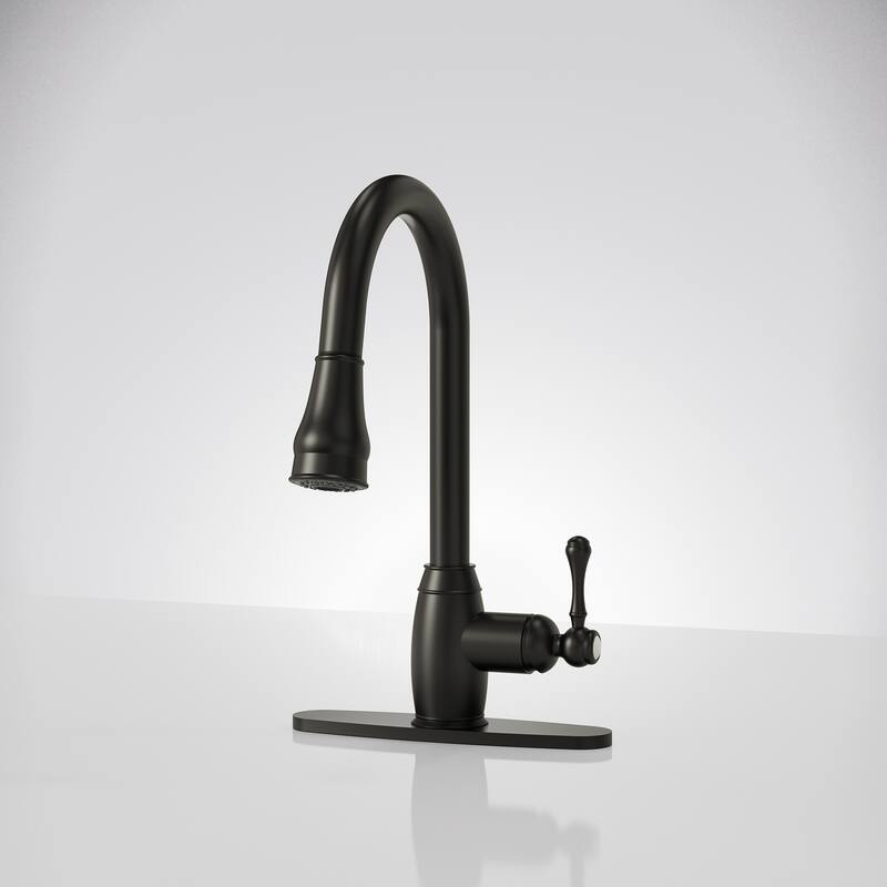 Single Handle Pull Down Sprayer Hot and Cold Kitchen Faucet 360° Spout Swivel with Deckplate - Matte Black