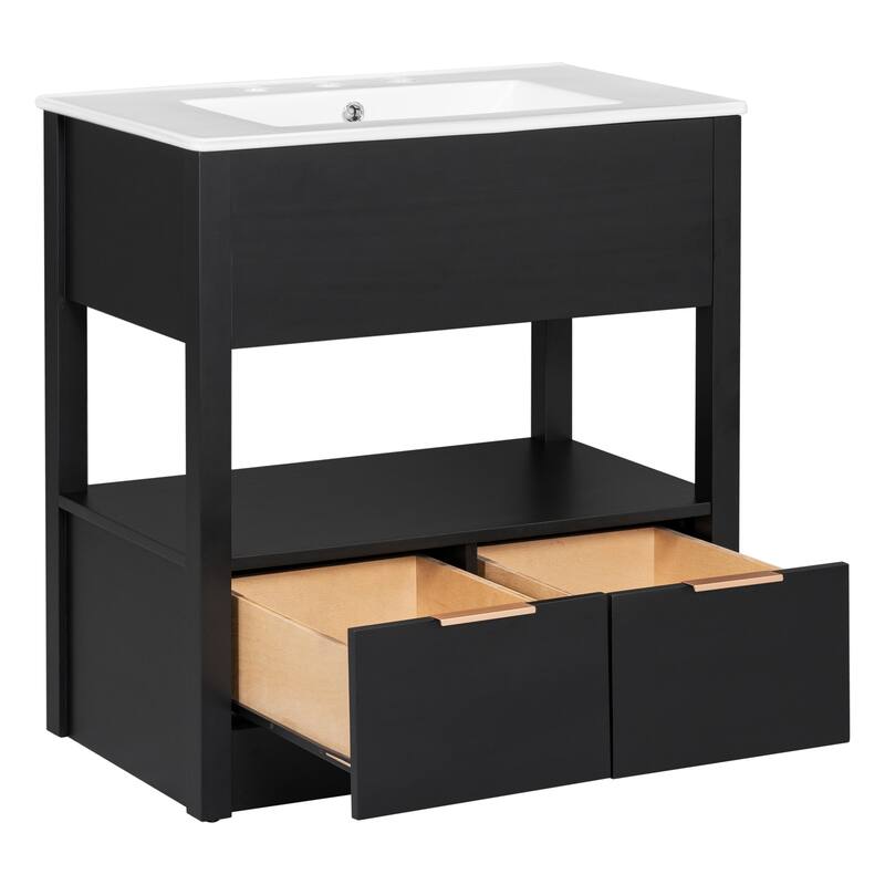 Modern 30-Inch Bathroom Vanity with Ceramic Sink, Open Storage Shelf, and Two Drawers, Brown