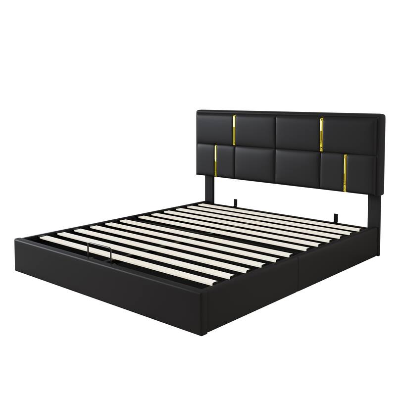 Roomfitters Queen Upholstered Platform Bed with Hydraulic Storage Lift, Modern Bed Frame, No Box Spring Required