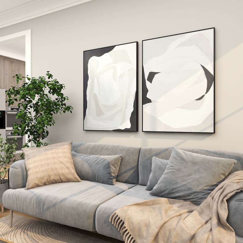 Canvas Abstract Framed Wall Art with Black Frame - Set of 2 White - Roche River Decor