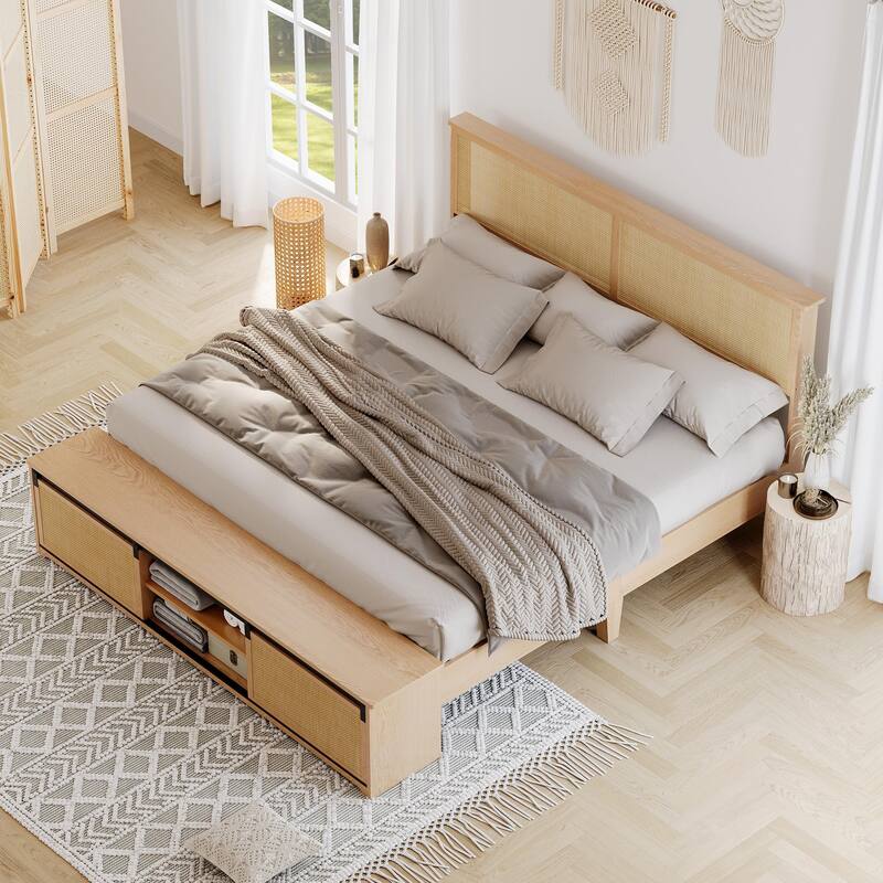 Natural Rattan King Size Bed Frame with Sliding Barn Door Storage Cabinets and Headboard