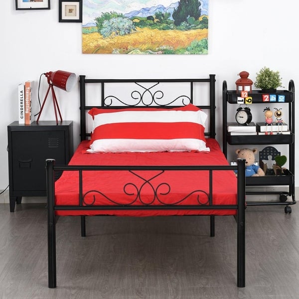 Twin Full Queen Easy Set Up Metal Bed Frame Platform Box Spring Replacement With Headboard And Footboard Metal Slats Overstock 21029425 Black Twin