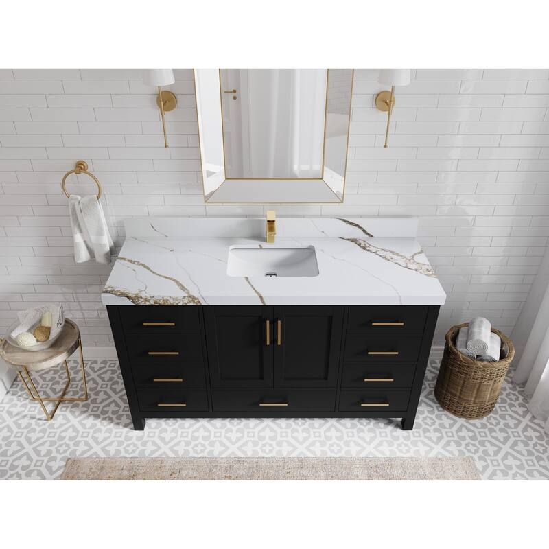 Willow Collections 60 in. W x 22 in. D Malibu Single Sink Bathroom Vanity with Countertop - 2" Calacatta Gold - Black