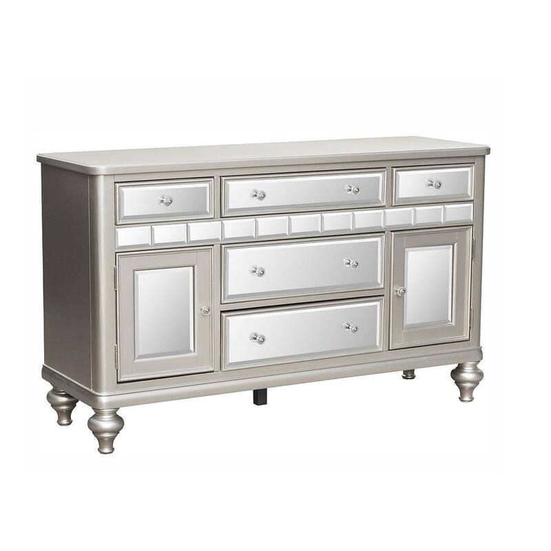 Jomo Sideboard Buffet Console, Mirror Front, 5 Drawers Silver, 57 Inch