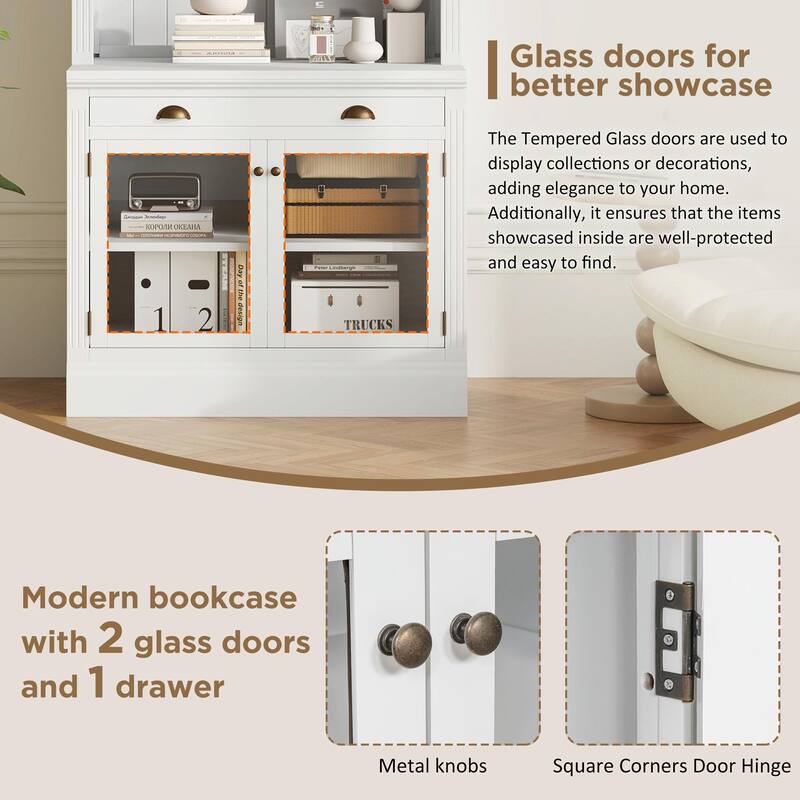 83.4" Tall Bookshelf, Modern Bookcase with 2 Glass Doors, 1 Drawer & Open Shelves