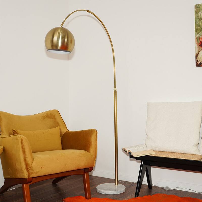 Long Arm Gold Brass Adjustable Floor Lamp with Round White Marble Base