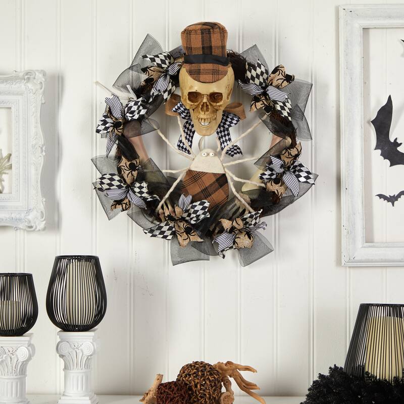 Skull in Plaid Mesh Artificial Halloween Wreath, 24-Inch, Unlit