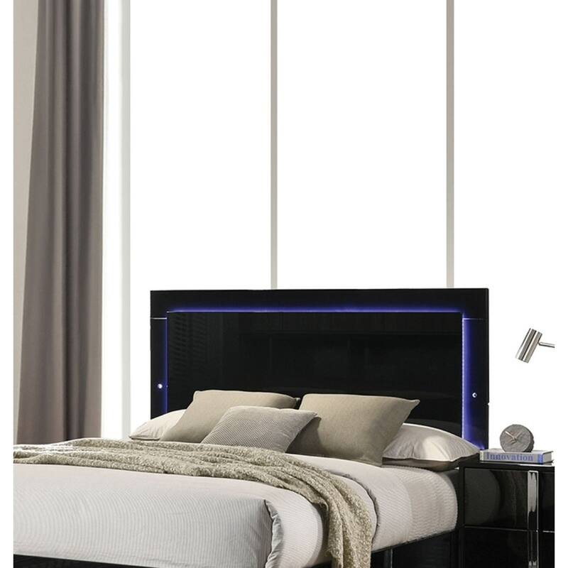 Modern King Size Bed with LED Headboard in Piano Black Finish - Bedroom Furniture