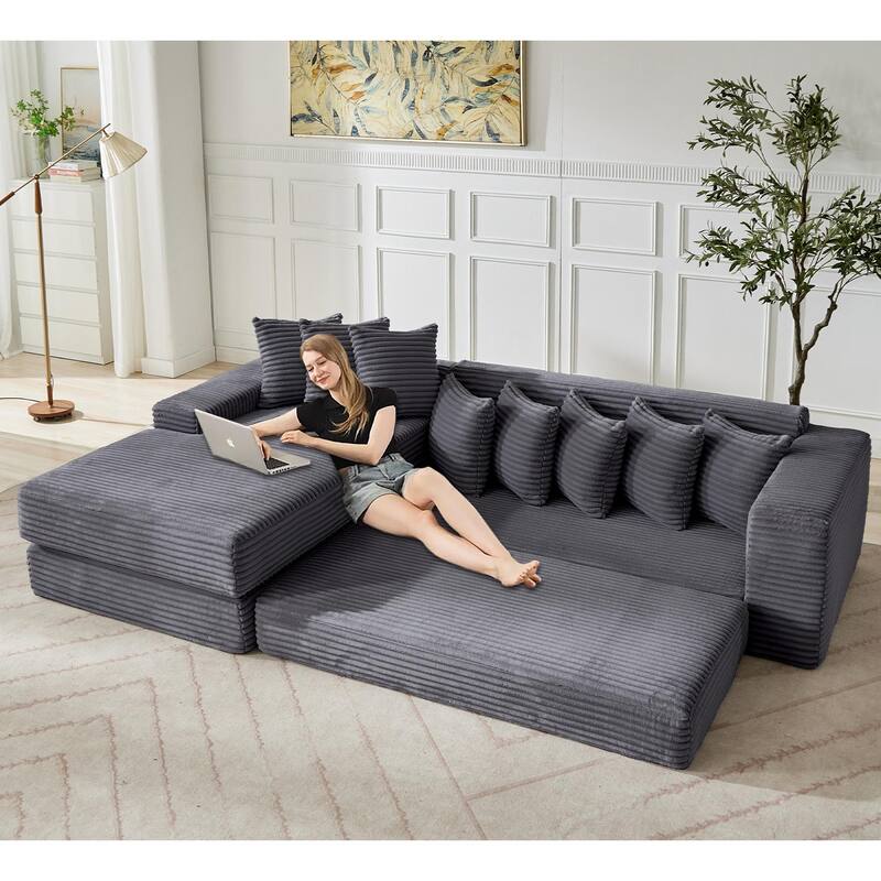 Floor Sleeper Sofa Bed Convertible L-shaped Modular Sectional Couch with Chaise, Corduroy Compression Sofa with Side Pockets