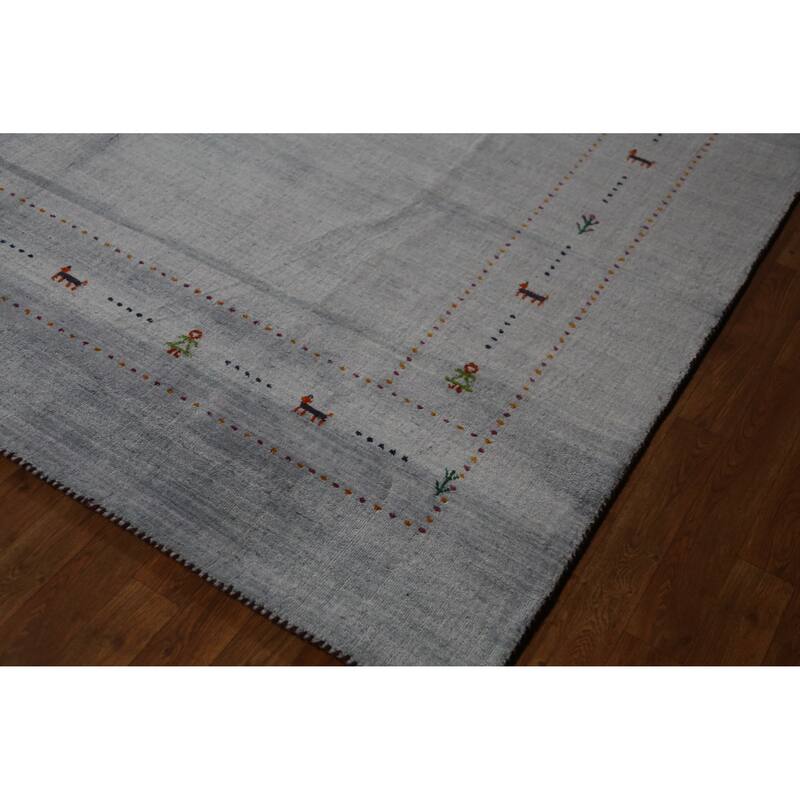 Hand Knotted Oriental 100% Wool Carpet Tribal Animal Pictorial Greys & Charcoal Gabbeh Area Rug - 9' 9'' X 7' 11''