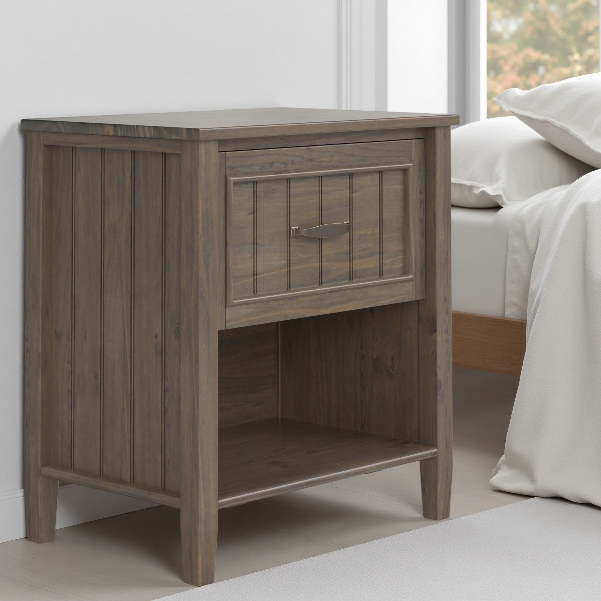 24"L Solid Wood Bedside Table, 1-Drawer Nightstand with Hidden Shelf and Open Bottom Storage, Transitional Design