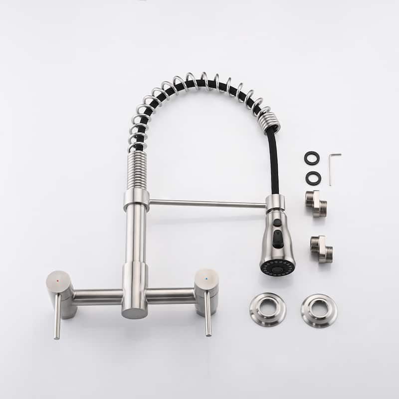 PROOX Double Handle Kitchen Faucet with Pull Out Sprayer Wall Mounted