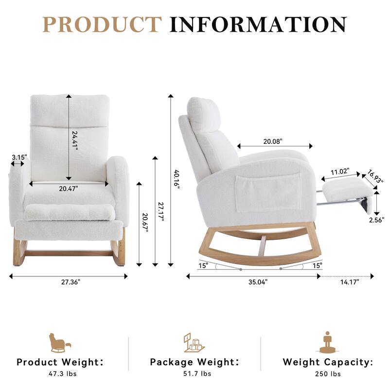 Teddy Fabric Leisure Rocking Chair,Nursery Rocking Chair With Adjustable Footstool,Thickened Headrest And High Backrest