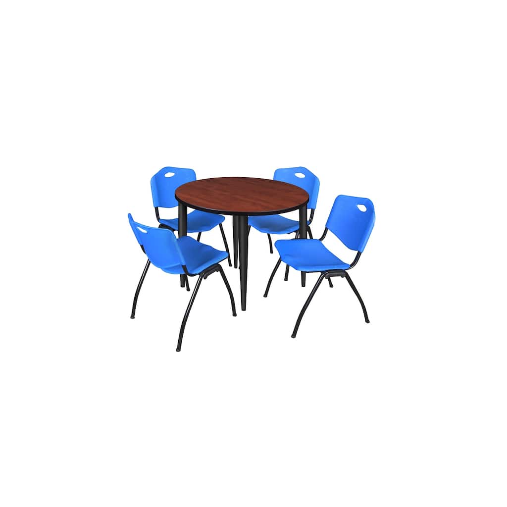 36 in. Round Breakroom Table- Cherry Top, Black Base & 4 M Stack Chairs- Blue