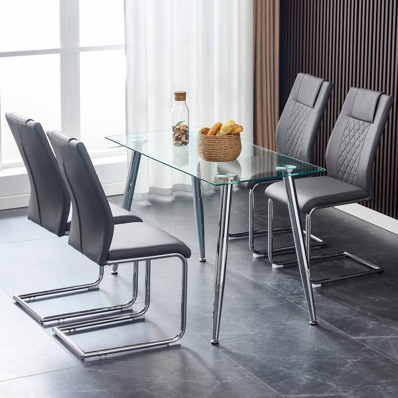 Modern Dining Chairs with Faux Leather Upholstered Seat and Metal Legs, for Kitchen, Living Room, Set of 8, Grey+PU