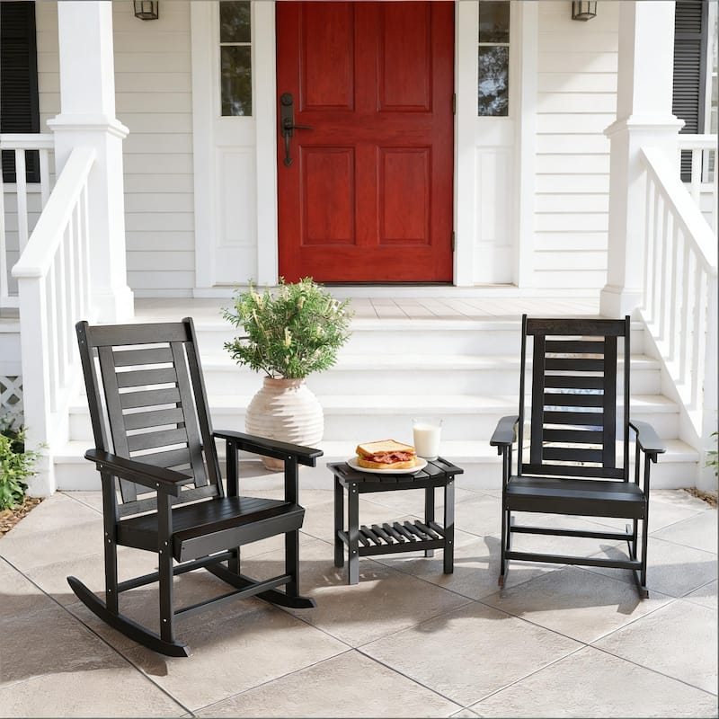 GDFStudio - Outdoor HDPE High Back Rocking Chairs ( Set of 2 ) - Black