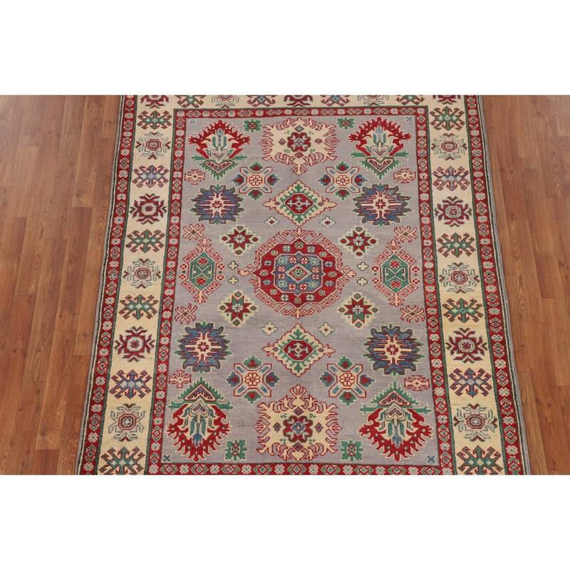 Grey Geometric Kazak Oriental Area Rug Handmade Wool Carpet - 5'1" x 6'9"