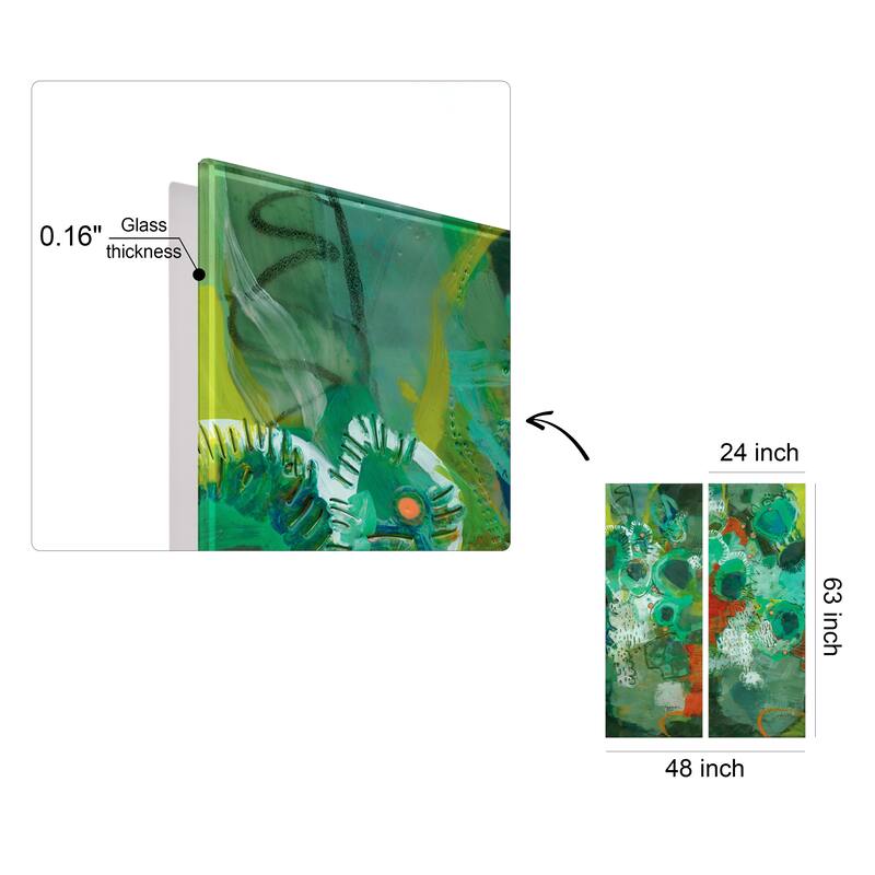 "Lolly I & II" Abstract Wall Art Printed on Frameless Free Floating Tempered Glass Panel - Green