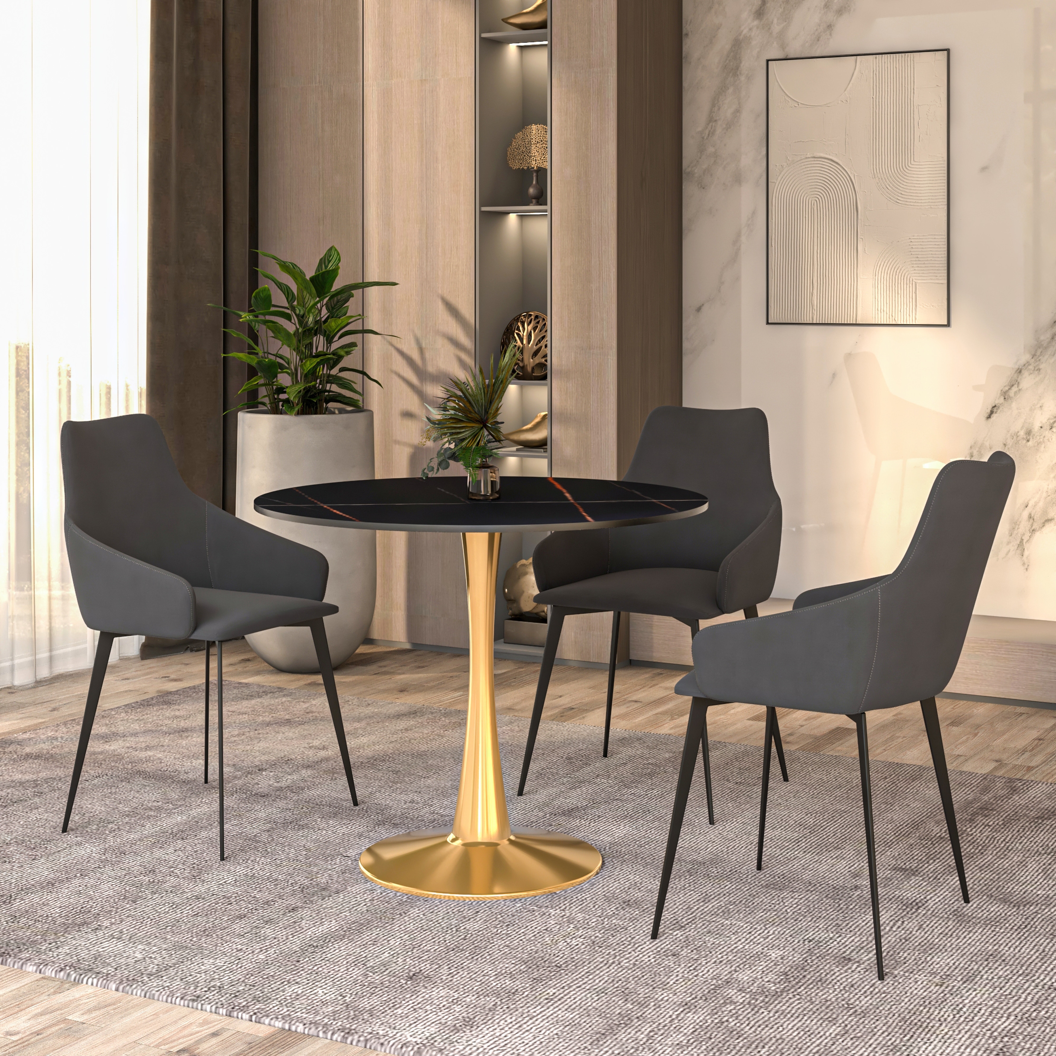 Bristol 32" Round Sintered Stone or MDF Dining Table, Modern Gold Pedestal Base Kitchen Table for Small Spaces, Easy Assembly