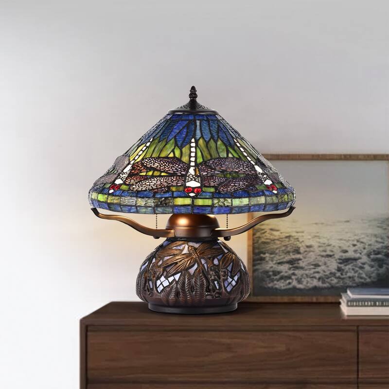 Shulba Dragonfly Base and Shade 2-Light Table Lamp Blue Tiffany Style Glass