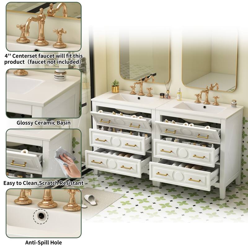 GDFStudio - Wellington Retro Freestanding Double Bathroom Vanity Set with Ceramic Sink and 3 Storage Drawers - 60'W