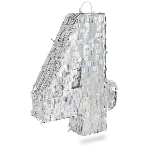 Small Silver Foil Number 4 Pinata for Kids 4th Birthday Party Decorations (16.5 x 11.5 x 3 In)