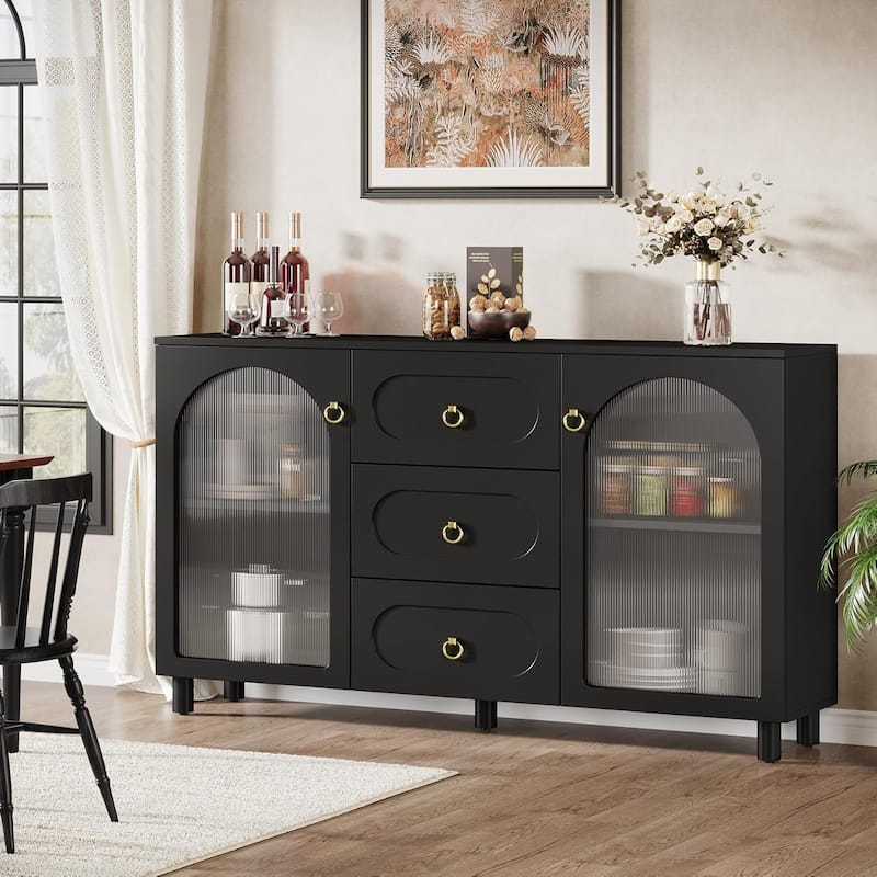 Modern Large Buffet Cabinet with Storage, Wooden Storage Cabinet with 2 Acrylic Doors & 3 Drawers - Black