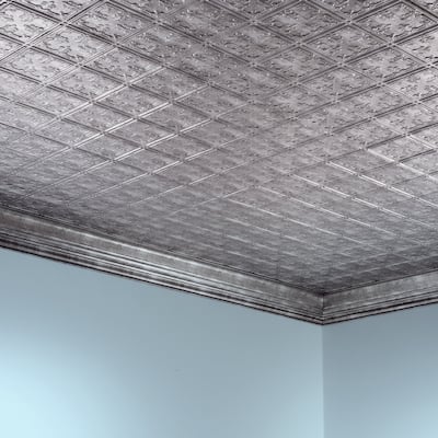 FASÄDE Traditional Style 10 Decorative Vinyl 2ft x 4ft Glue Up Ceiling Panel in Crosshatch Silver (5 Pack)