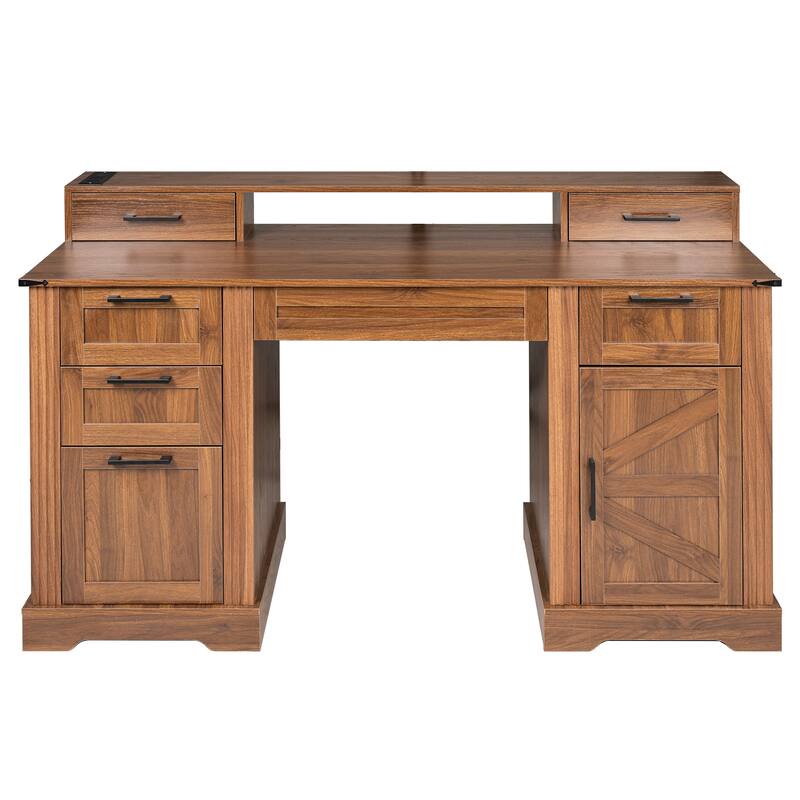 59" Executive Desk with Drawers, Farmhouse Home Office Desk Wood Computer Desk with Charging Station, Keyboard Tray