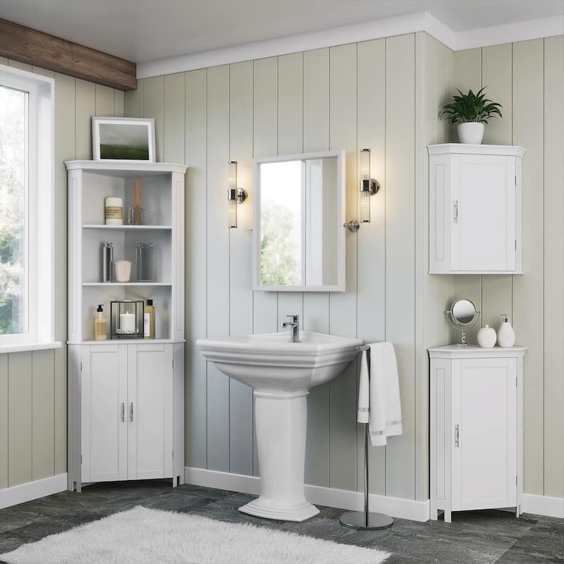 RiverRidge Somerset Tall Corner Bathroom Cabinet Storage Organizer with Doors and an Adjustable Shelf - White
