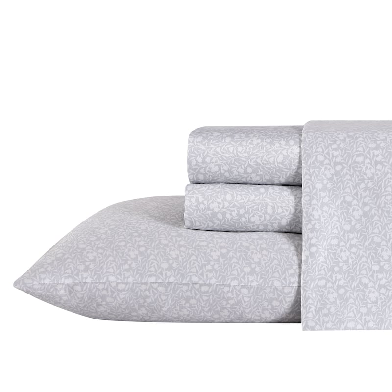 Laura Ashley Soft & Silky Sateen Printed Cotton Sheet Set - Queen - Winnie Grey
