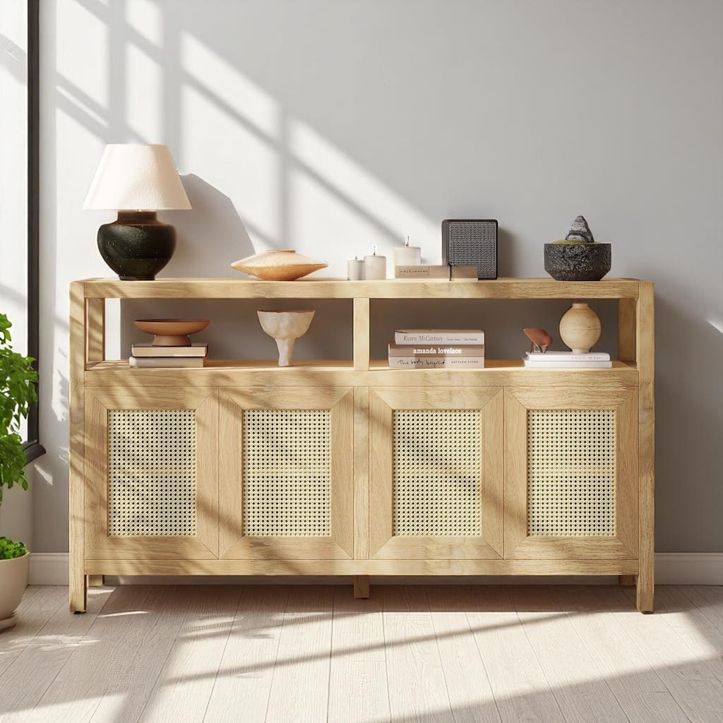 60" Boho Rattan Buffet Cabinet with Push-to-Open Doors, Solid Wood Frame, Adjustable Shelves and Wire Management
