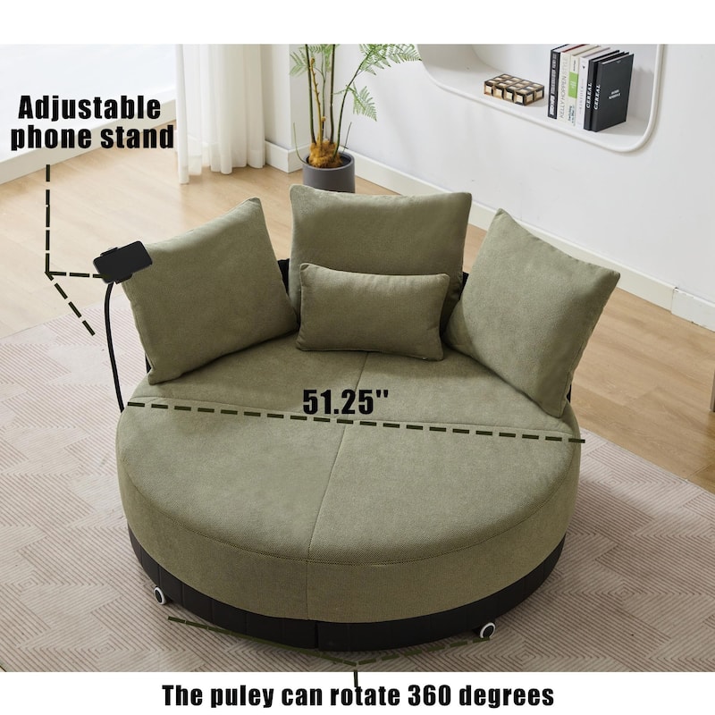 360° Swivel Barrel Chair Round Sofa Chair with Casters and Adjustable Phone Stand, Upholstered in Anti-Wrinkle Polyester Fabric