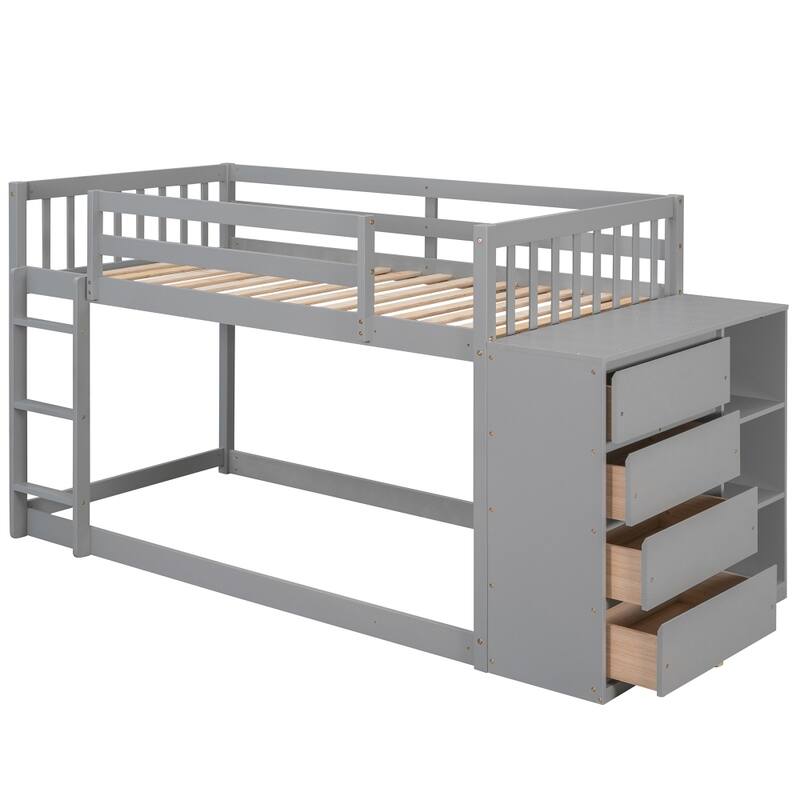 Twin over Twin Bunk Bed with 4 Drawers and 3 Shelves