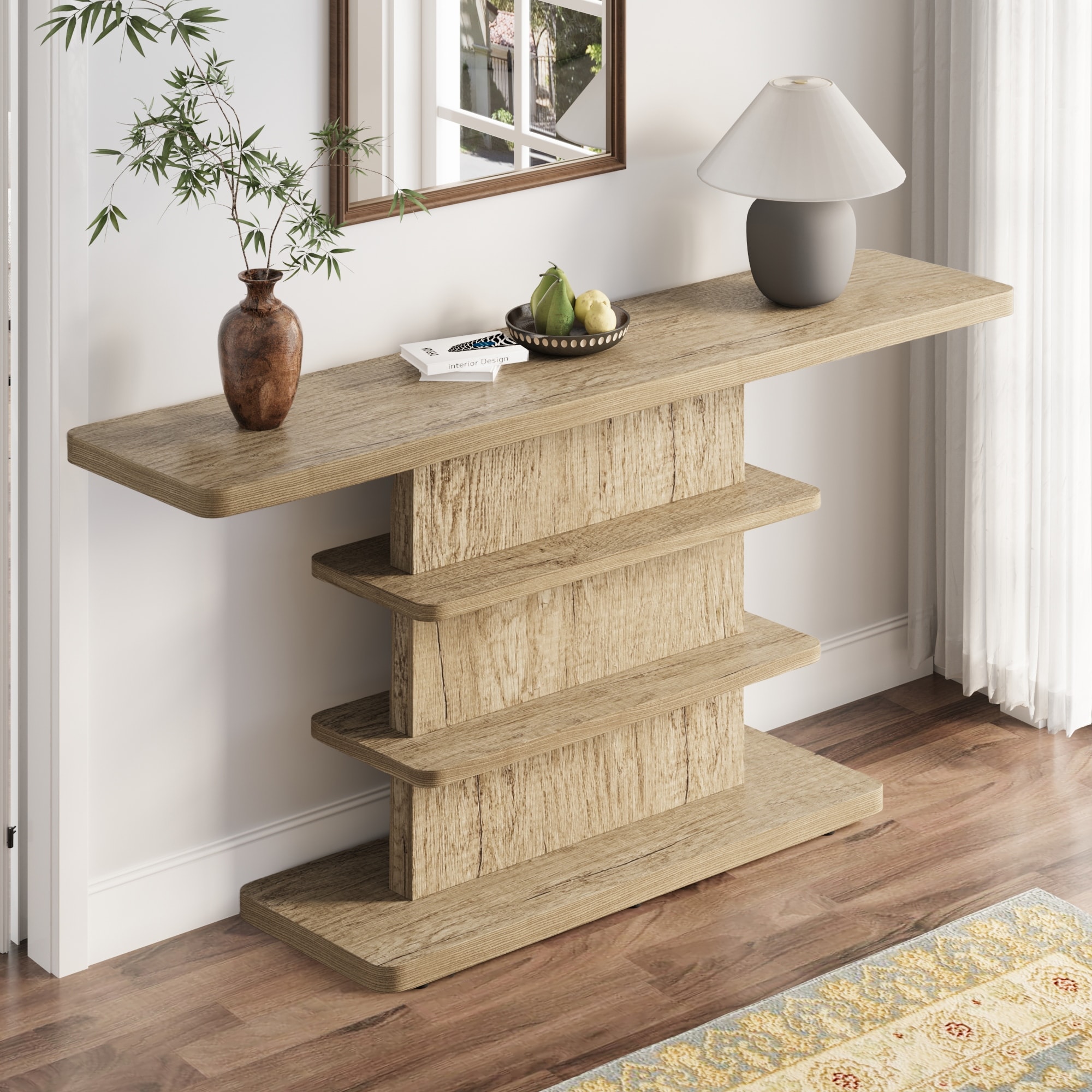 63"Vintage Narrow Console Table with 2 Tier Open Storage Shelves