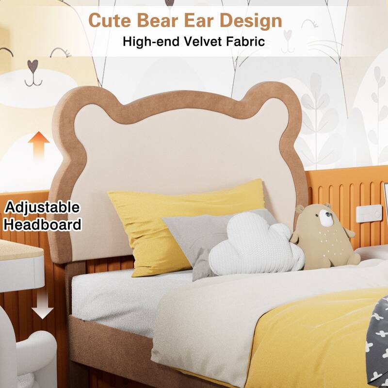 VECELO Twin Beds for Kids, Upholstered Platform Bedframes, Brown Kids Bed Set of 2