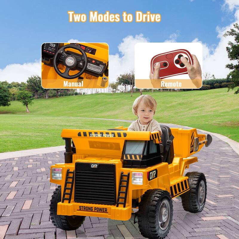 12V Electric Kids Ride-on Dump Truck Toy Car with Dumping Bed, Shovel