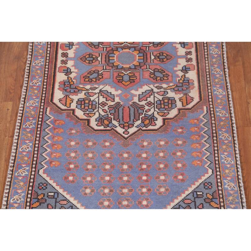 Hand Knotted Oriental 100% Wool Carpet Traditional Geometric Navy Blue & Blues Hamedan Runner Rug - 9' 10'' X 3' 2''