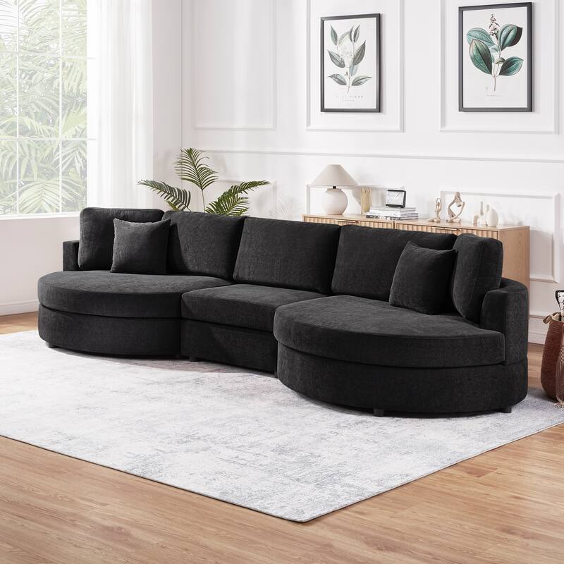 Roomfitters Modern Curved 3-Seater Sofa Couch with Throw Pillows, 129 Inch Wide