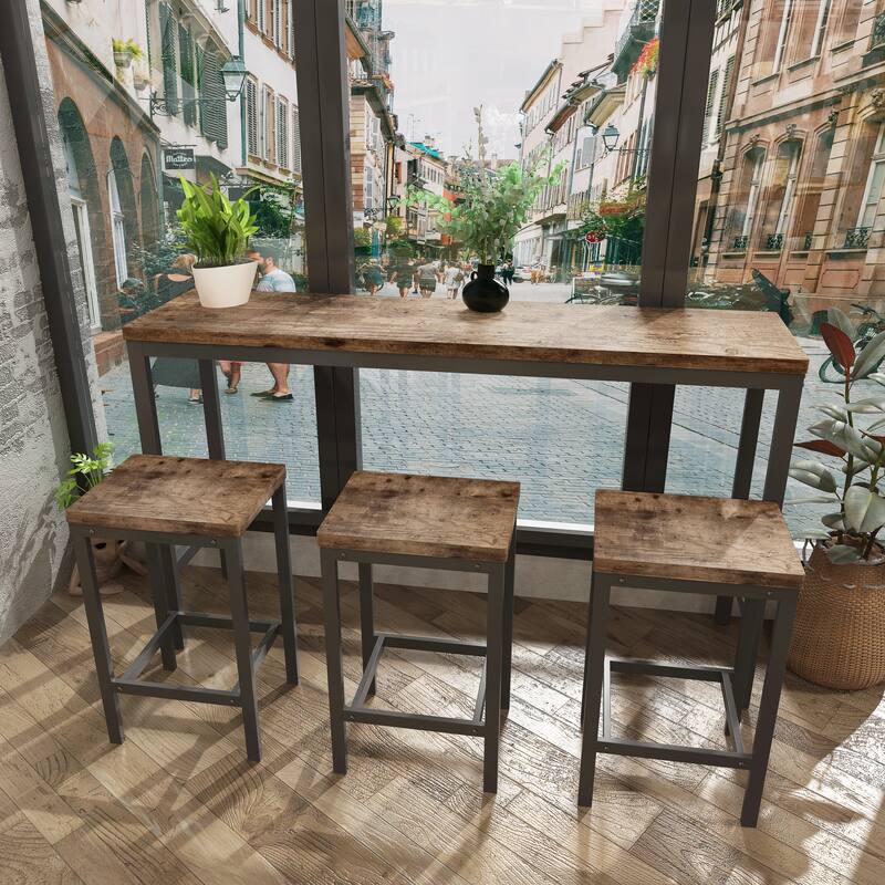Long Dining Table Set with 3 Stools Pub Kitchen Set Side Table with Footrest