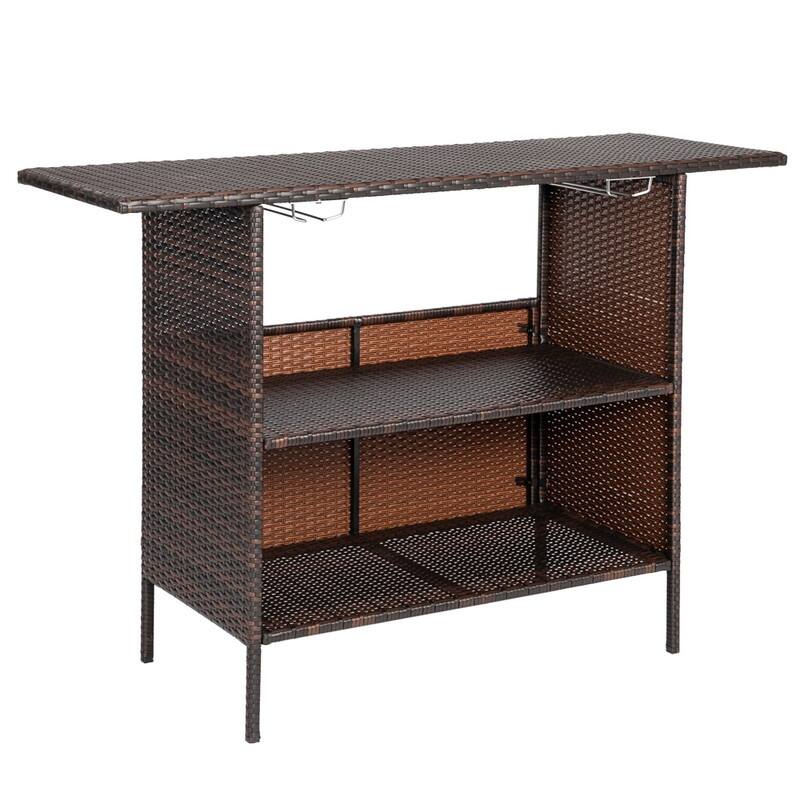 Patio Wicker Bar Table with Cup Holder - Brown