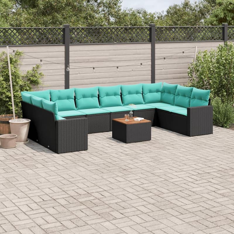 vidaXL 11 Piece Patio Sofa Set with Cushions Black Poly Rattan - 24.4 x 24.4 x 27.2 (W x D x H) - Black