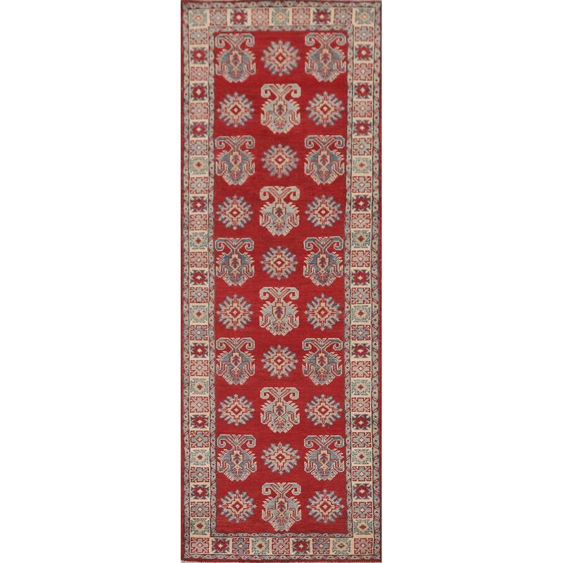 Geometric Kazak Runner Rug Hand-Knotted Traditional Wool Carpet - 2'8" x 9'4"
