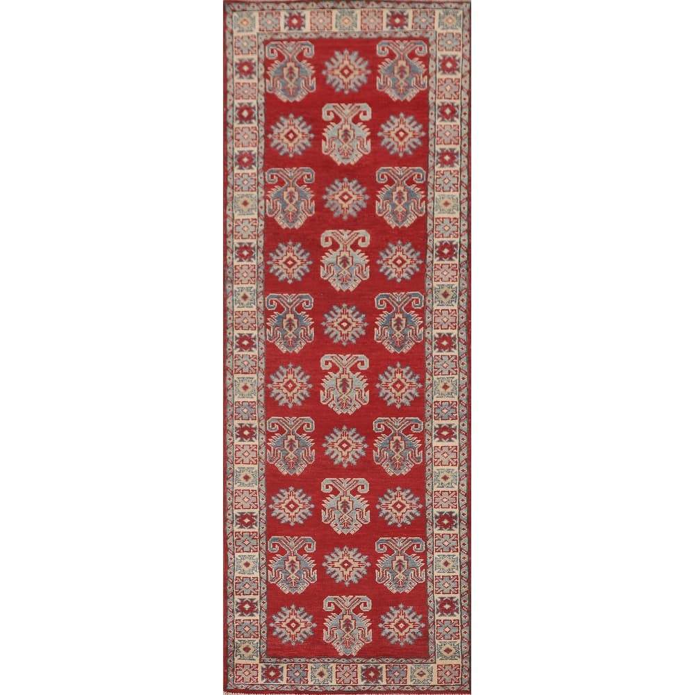 Geometric Kazak Runner Rug Hand-Knotted Traditional Wool Carpet - 2'8" x 9'4"