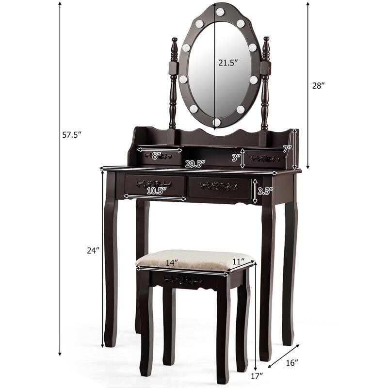 Gymax Makeup Vanity Dressing Table Set w/10 Dimmable Bulbs Cushioned - See Details