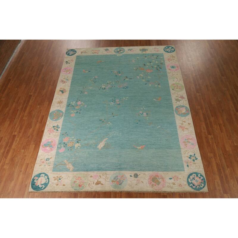 Hand Knotted Oriental 100% Wool Carpet Traditional Floral Navy Blue & Blues Art Deco Area Rug - 11' 10'' X 9' 1''