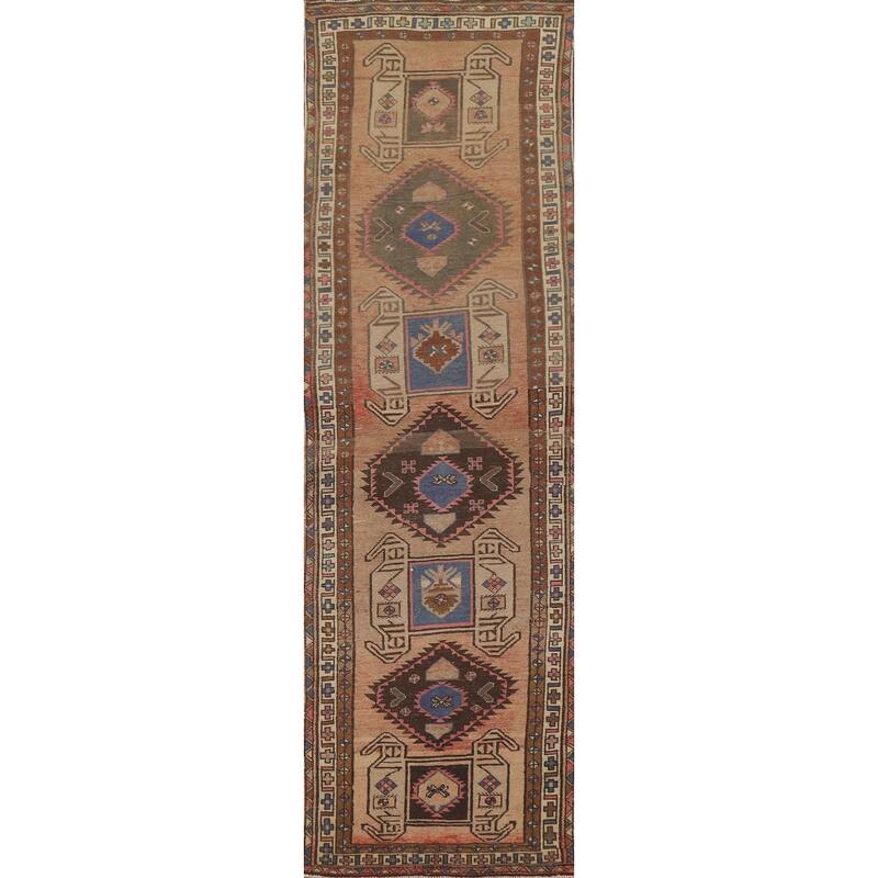 Tribal Ardebil Persian Vintage Runner Rug Handmade Orange Wool Carpet - 3'7" x 13'1"