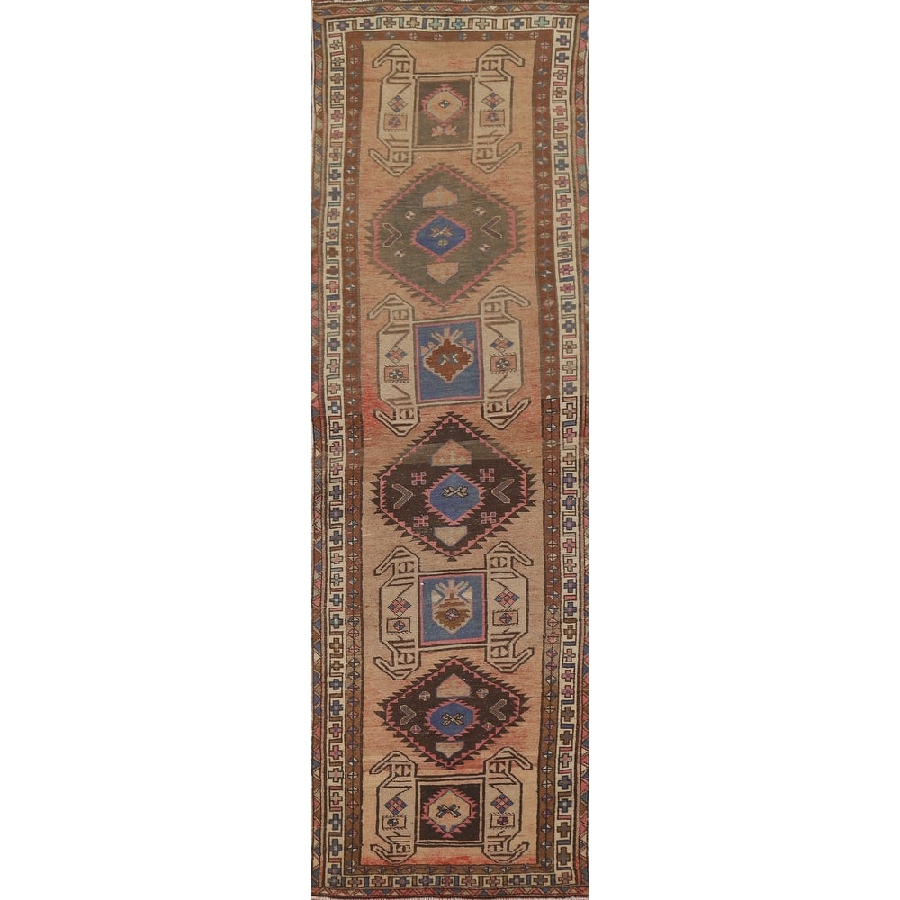 Tribal Ardebil Persian Vintage Runner Rug Handmade Orange Wool Carpet - 3'7" x 13'1"