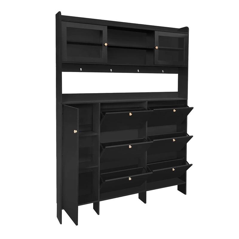Hall Tree and Shoe Storage Bench with Flip Drawers and Doors