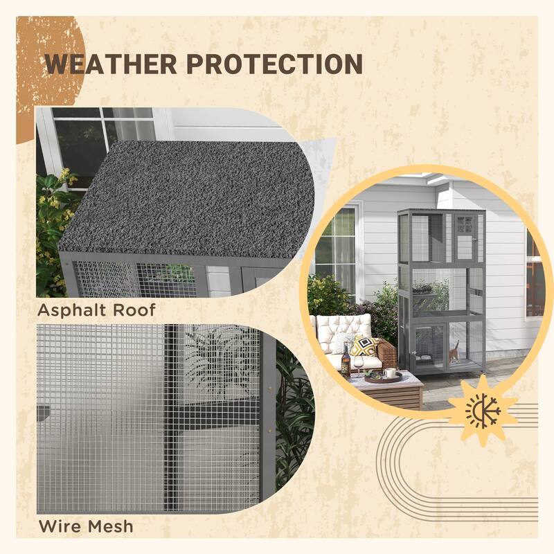 PawHut 74" Wooden Catio Outdoor Cat House Weatherproof & Wheeled, Outside Cat Enclosure with High Weight Capacity - Light Gray